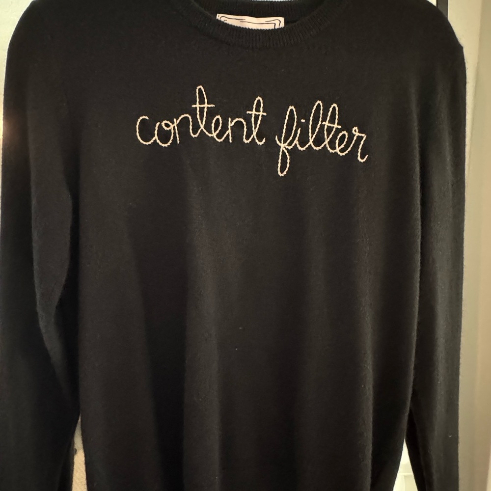 Lingua Franca Cashmere Sweater “content filter” hand embroidery. Medium